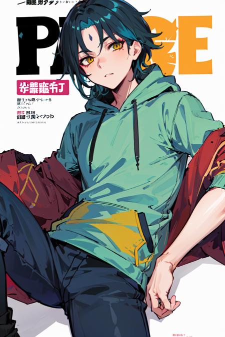 00035-4227510923-masterpiece, best quality, 1boy, male focus, yellow eyes,  _lora_Genshin_Xiao_AP_v3_0.7_, _(hoodie_1.2), (magazine cover_1.0), _.png